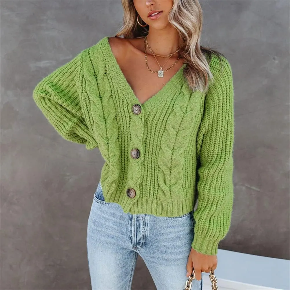 HOULENGS Women's V Neck Cable Knit Cardigan Sweater Long Sleevee Button Down Sweater Coat Outwear