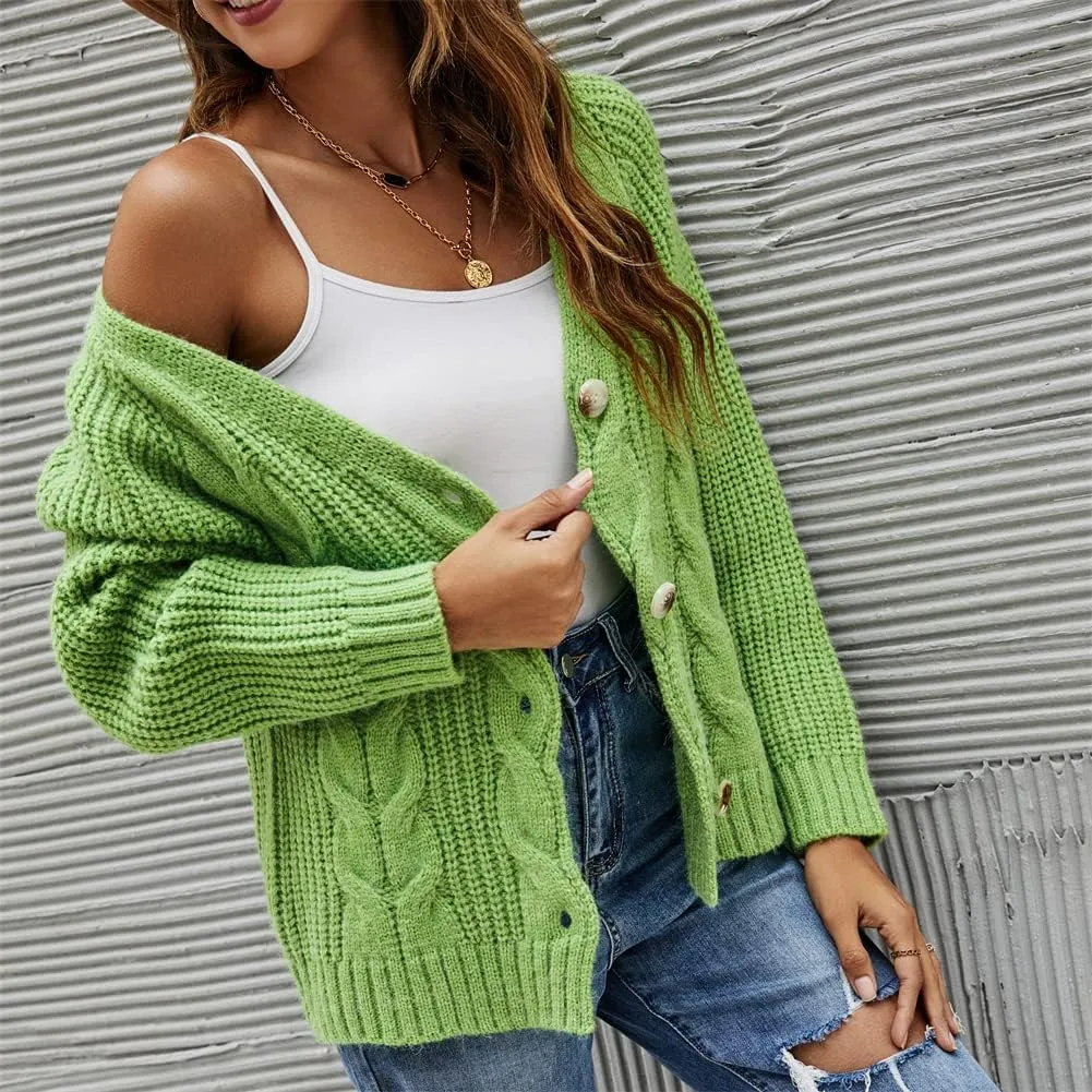HOULENGS Women's V Neck Cable Knit Cardigan Sweater Long Sleevee Button Down Sweater Coat Outwear