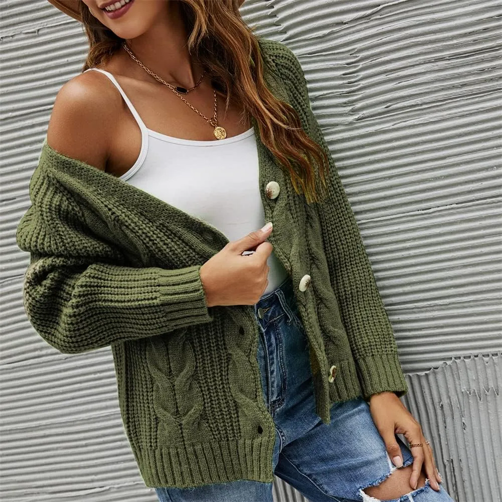 HOULENGS Women's V Neck Cable Knit Cardigan Sweater Long Sleevee Button Down Sweater Coat Outwear