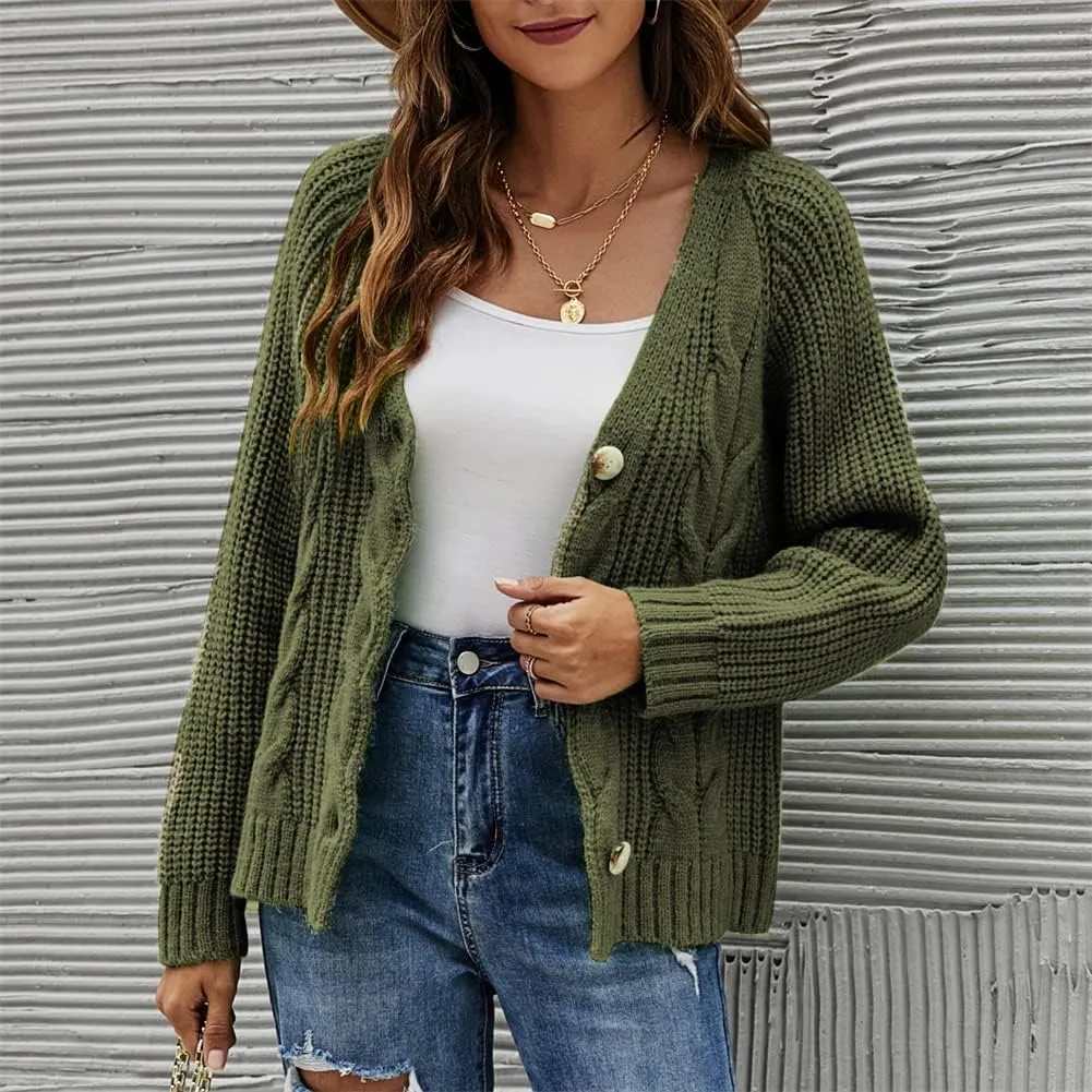 HOULENGS Women's V Neck Cable Knit Cardigan Sweater Long Sleevee Button Down Sweater Coat Outwear