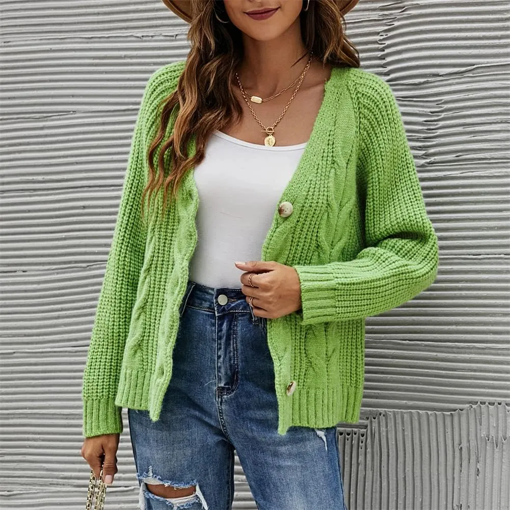 HOULENGS Women's V Neck Cable Knit Cardigan Sweater Long Sleevee Button Down Sweater Coat Outwear