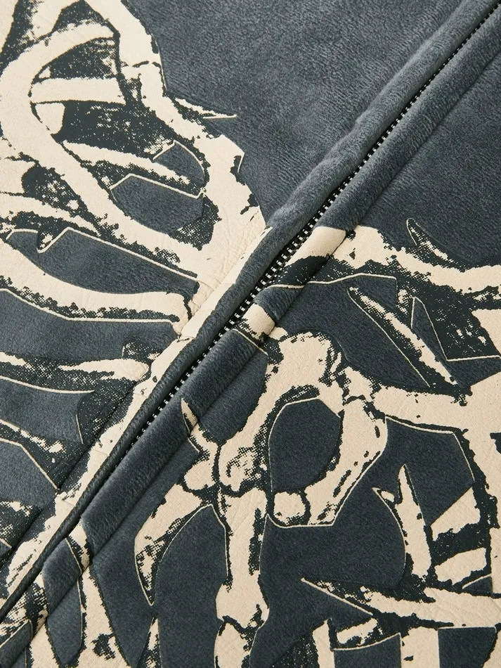 Joskaa Velvet Skeleton Graphic Zip Up Hoodie