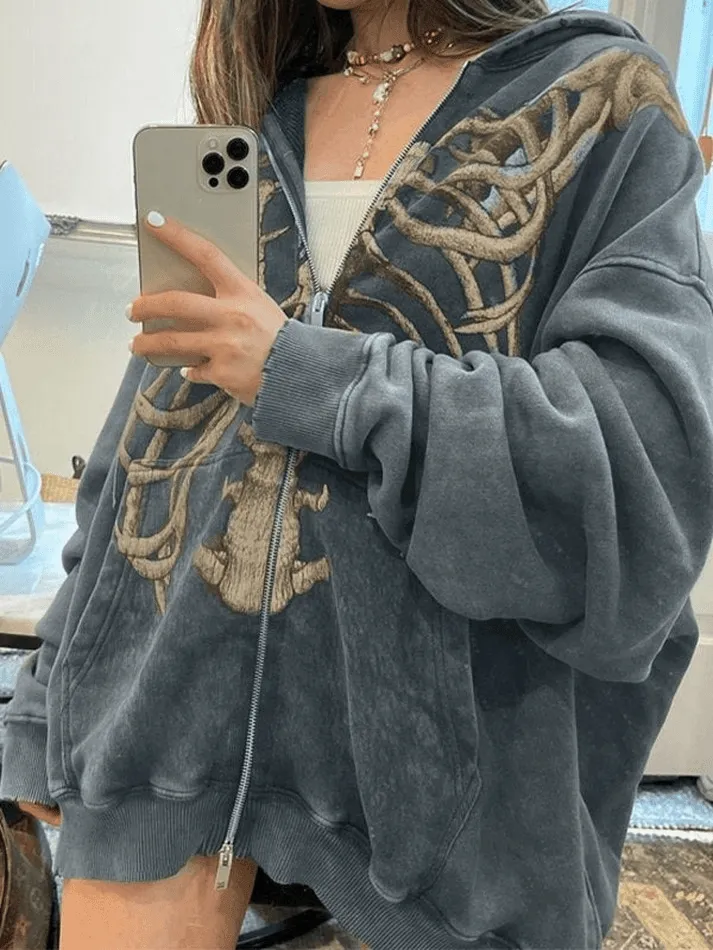 Joskaa Velvet Skeleton Graphic Zip Up Hoodie
