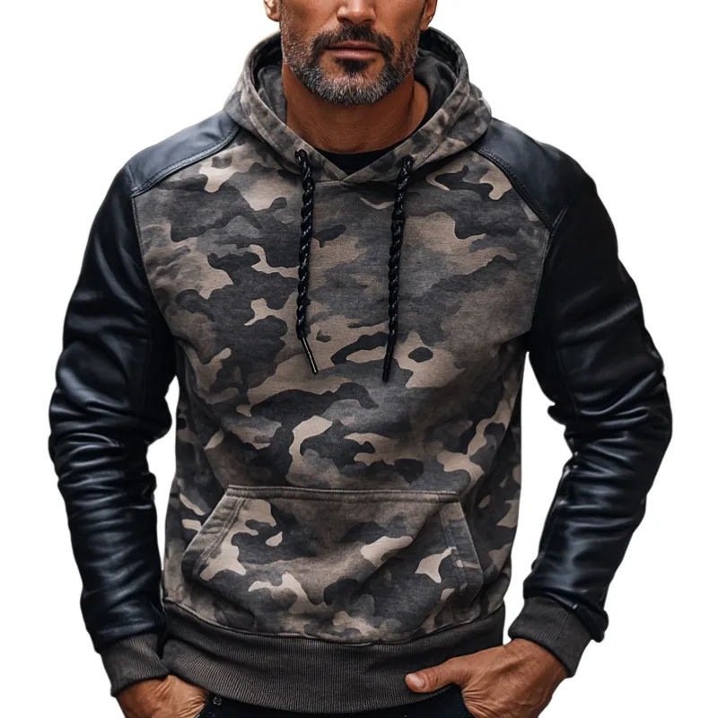 Men's Casual Trendy Camouflage Patchwork Hoodie 99313356F