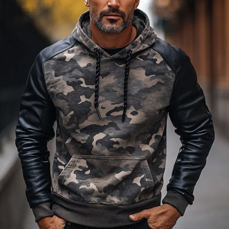 Men's Casual Trendy Camouflage Patchwork Hoodie 99313356F