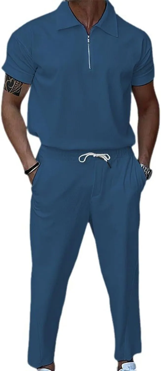 Men's Short Sleeve Polo Shirt Joggers Pants Set Fashion Tracksuits 2 Piece Casual Sport Outfits Comfortable Sweatsuit for Men