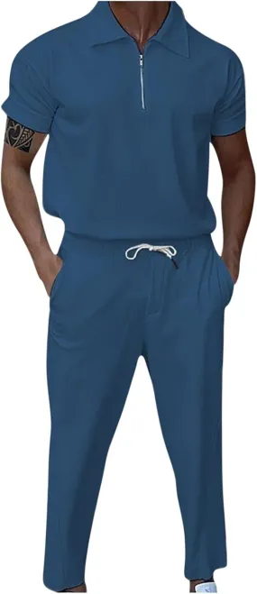 Men's Short Sleeve Polo Shirt Joggers Pants Set Fashion Tracksuits 2 Piece Casual Sport Outfits Comfortable Sweatsuit for Men