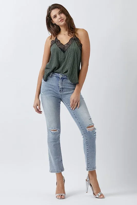 Mid Rise Distressed Straight Leg Jeans
