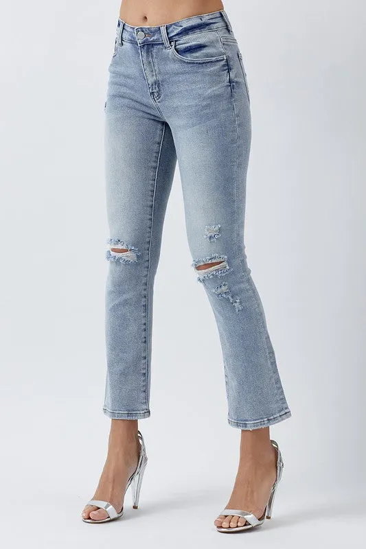 Mid Rise Distressed Straight Leg Jeans