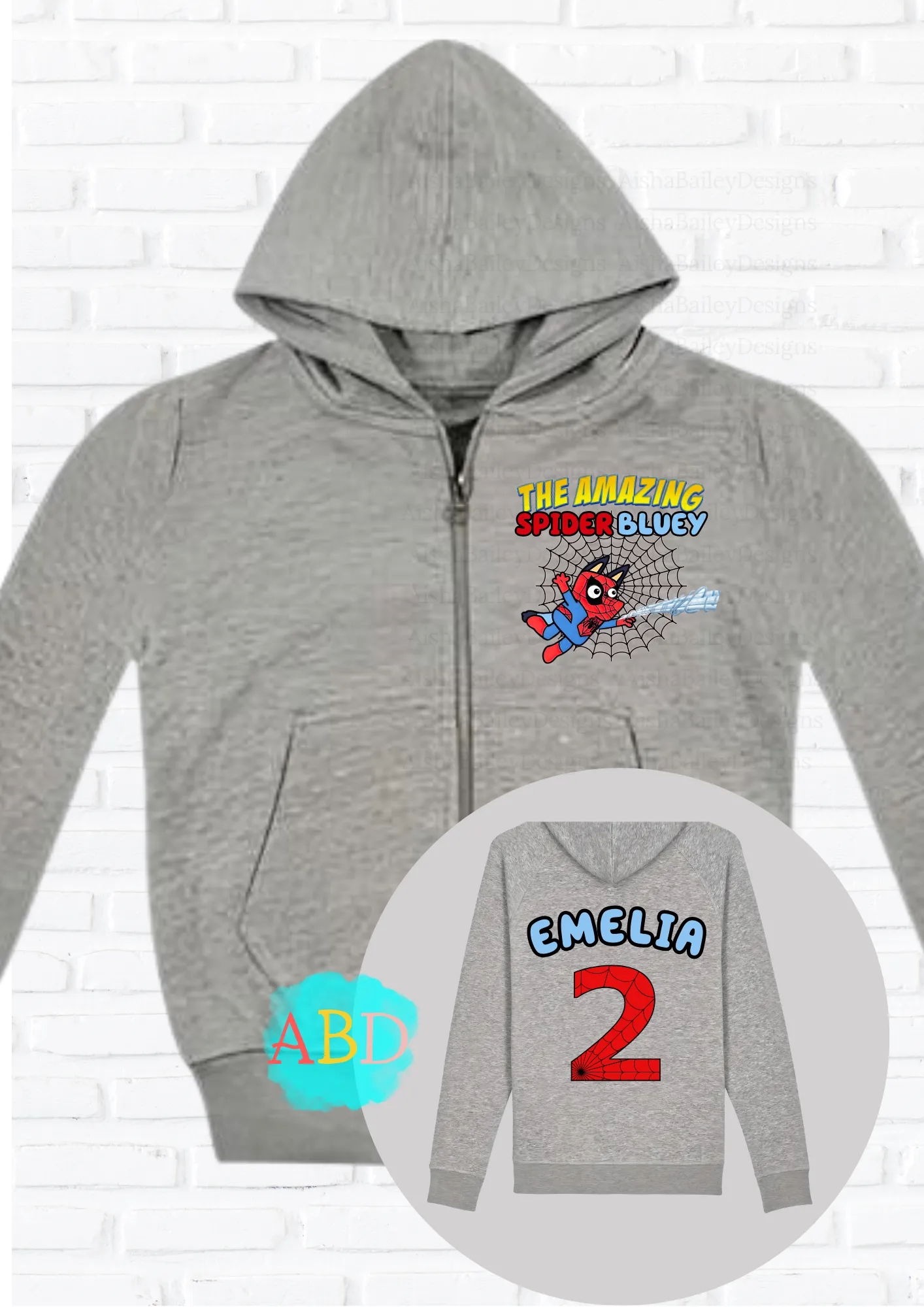 Personalised Spider Bluey Zip Hoodie with back print  I  Boys' Custom Hoodie