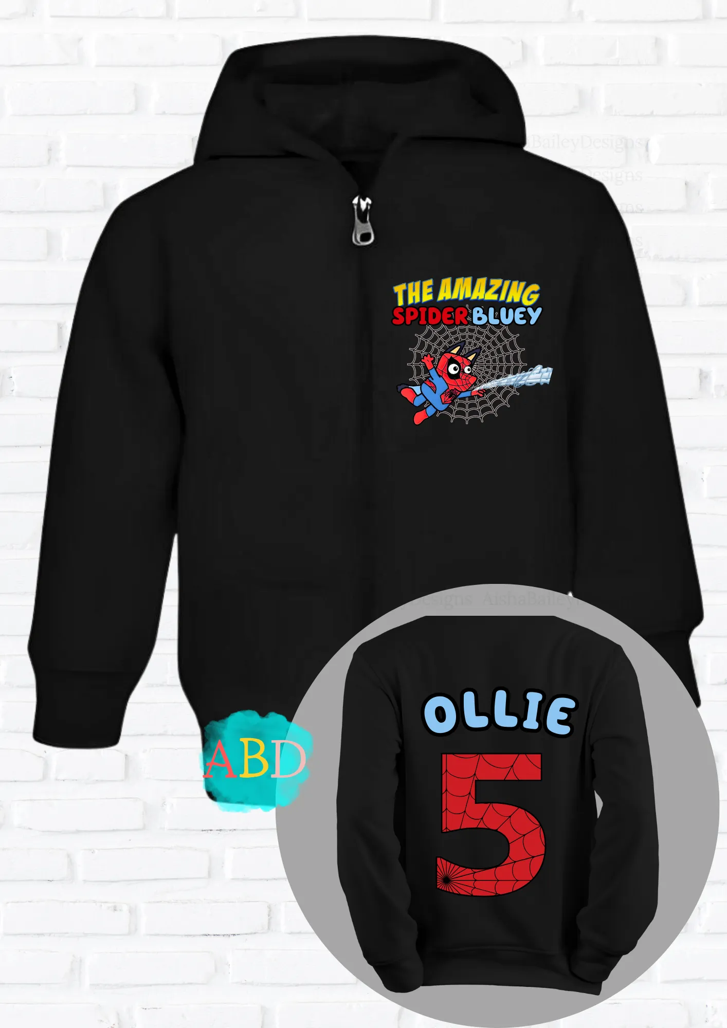 Personalised Spider Bluey Zip Hoodie with back print  I  Boys' Custom Hoodie
