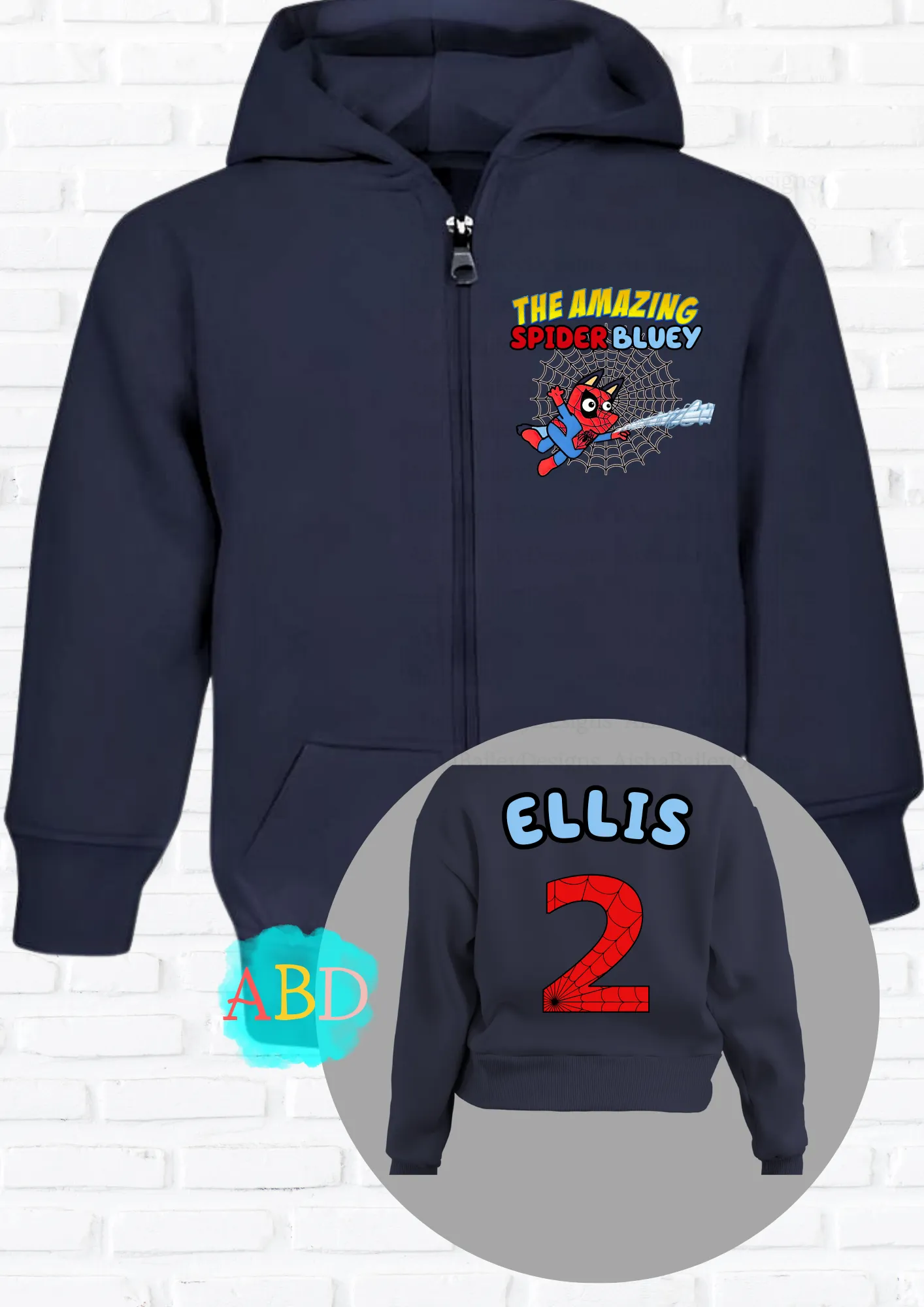 Personalised Spider Bluey Zip Hoodie with back print  I  Boys' Custom Hoodie