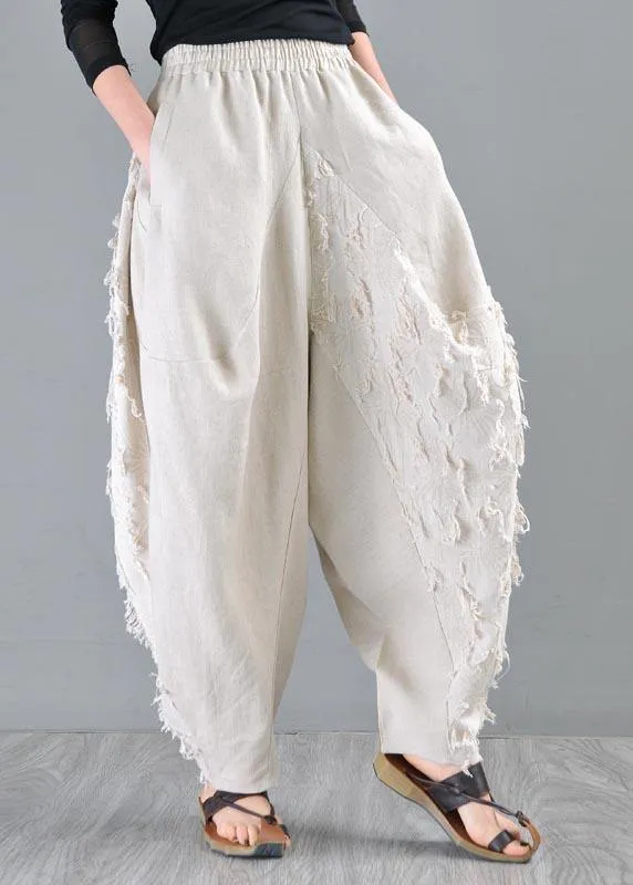 Plus Size Beige Pockets Cotton Linen Radish trousers Pants Summer