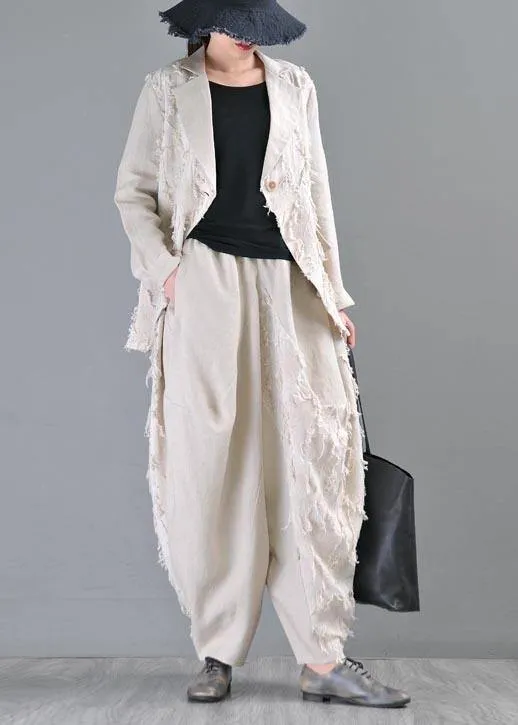 Plus Size Beige Pockets Cotton Linen Radish trousers Pants Summer