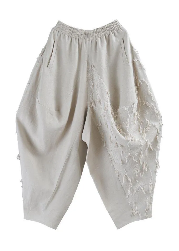 Plus Size Beige Pockets Cotton Linen Radish trousers Pants Summer