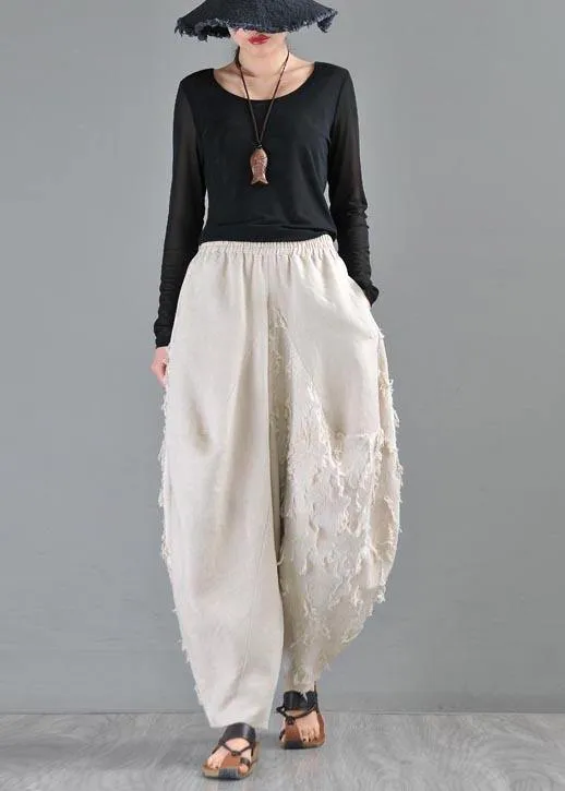 Plus Size Beige Pockets Cotton Linen Radish trousers Pants Summer