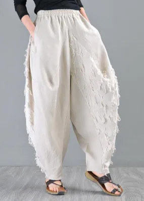 Plus Size Beige Pockets Cotton Linen Radish trousers Pants Summer