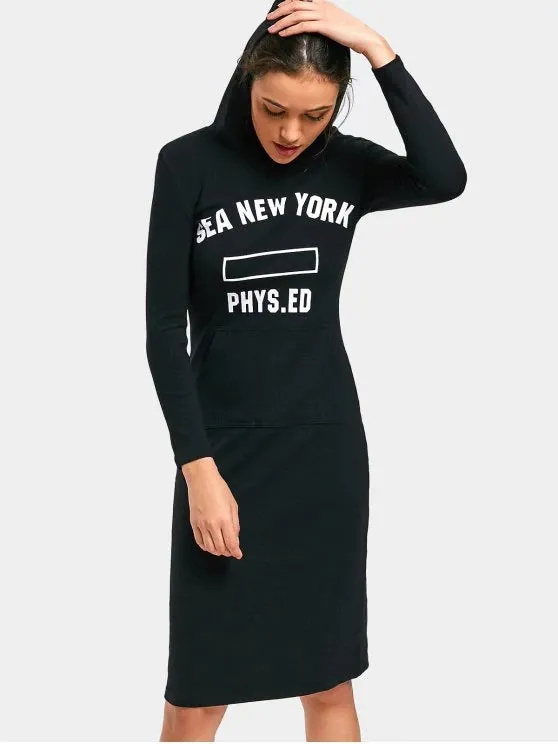 TastyHottie - Trendy Front Pocket Letter Graphic Hoodie Dress