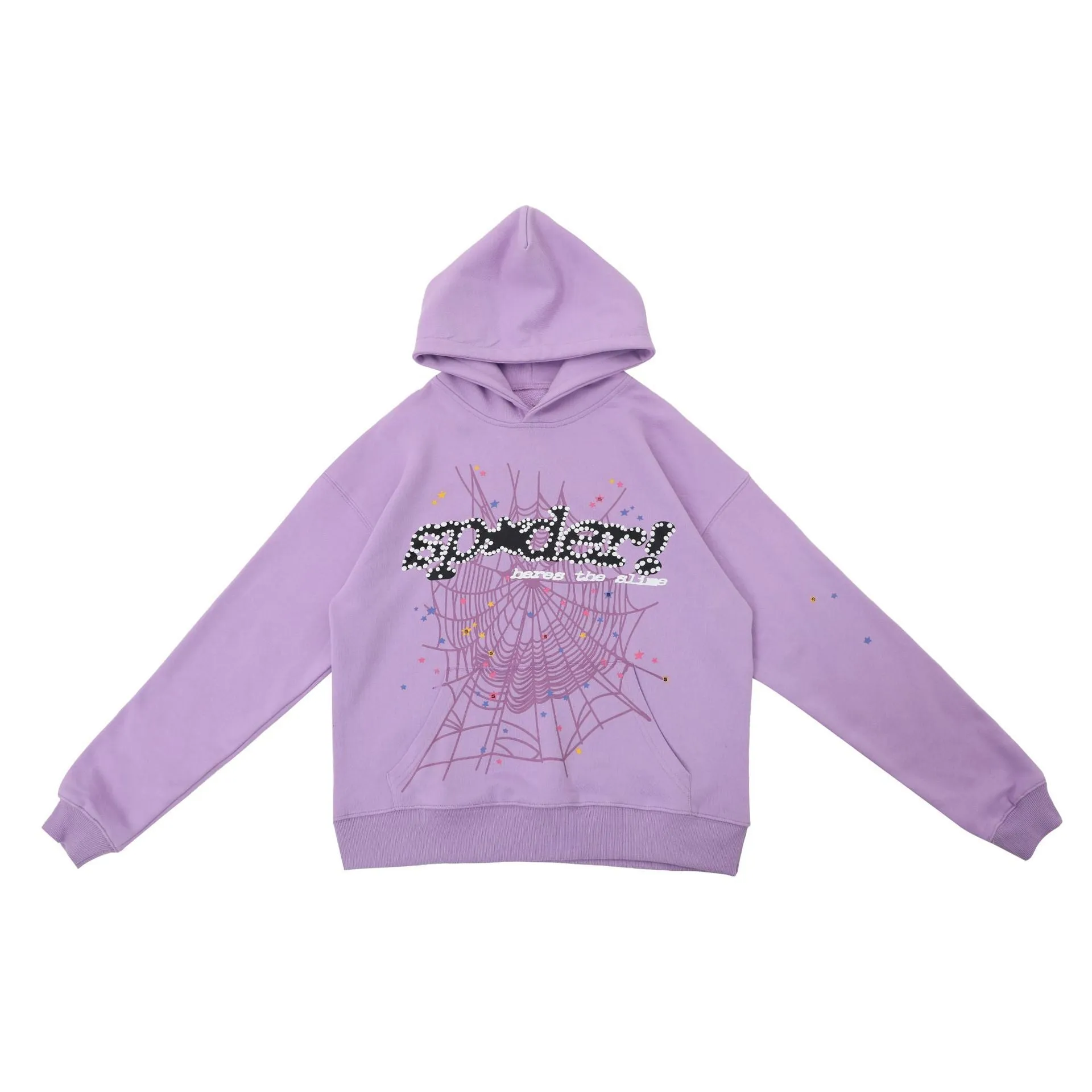 Trendy Lavender Sp5der Hoodie - Unique Web Print Hooded Sweatshirt
