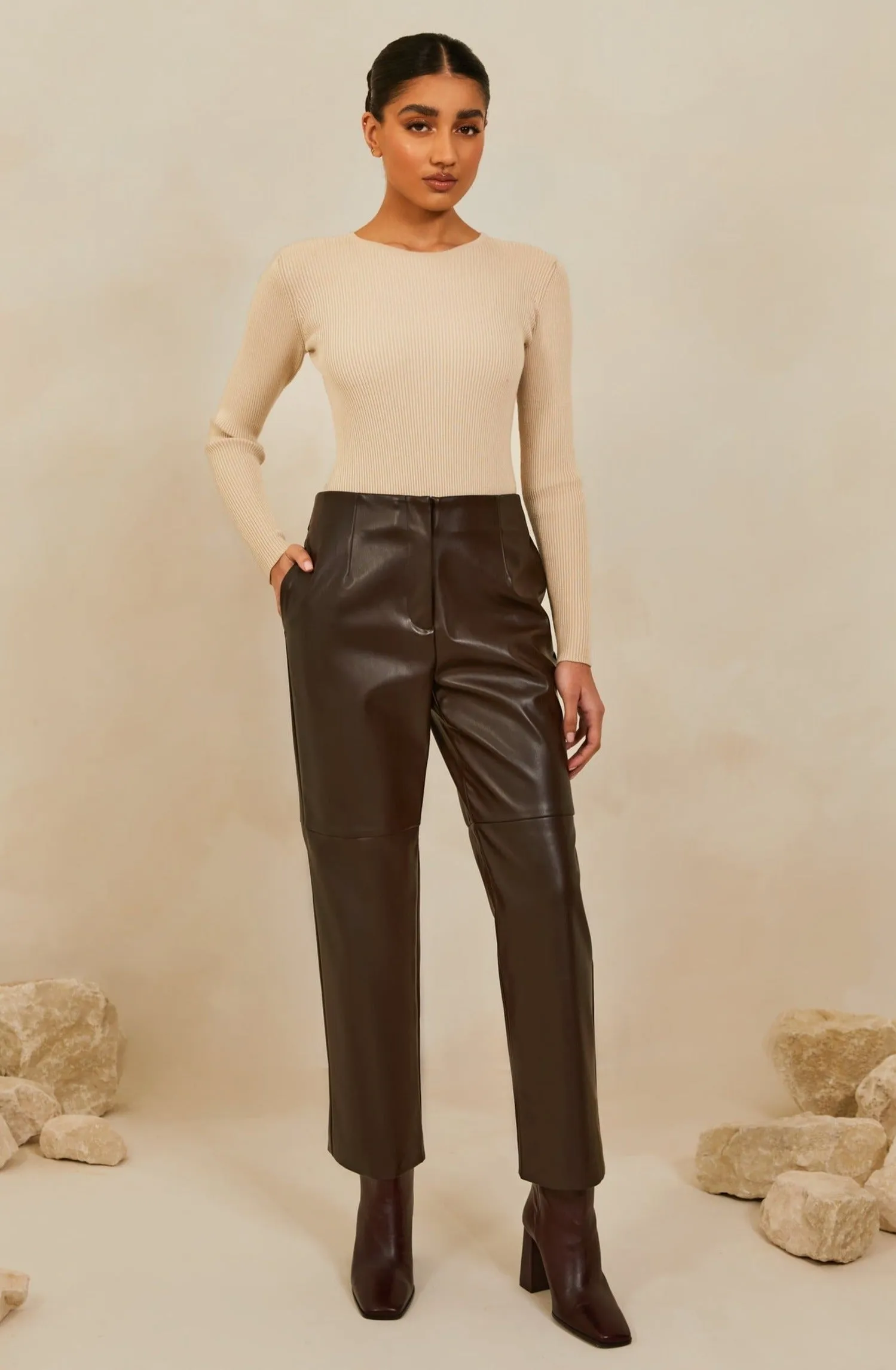Vegan Leather Wide Leg Trousers - Java