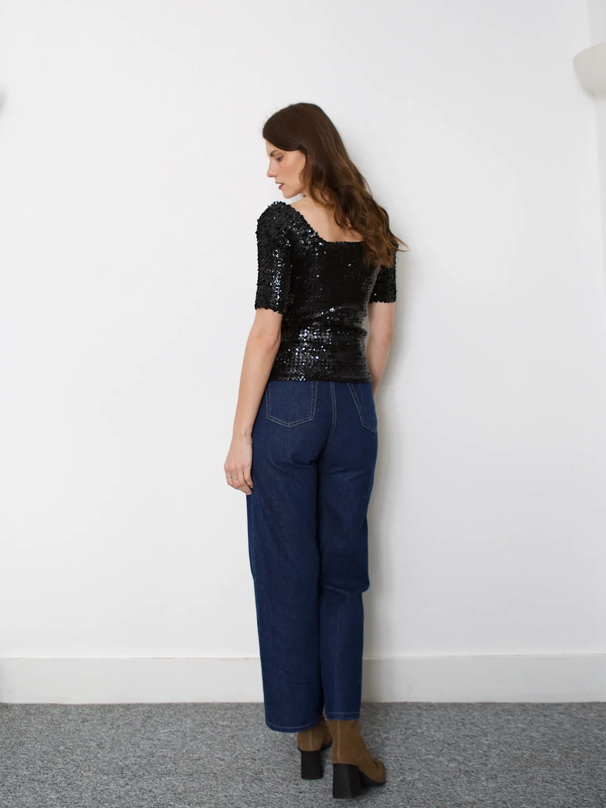 Vintage black sequins top short sleeves