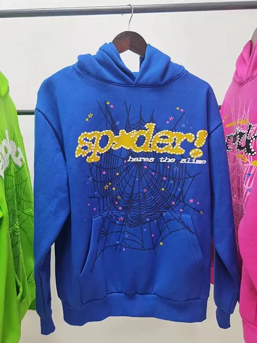 Vivid Blue Sp5der Hoodie - Trendy Web Print Hooded Sweatshirt