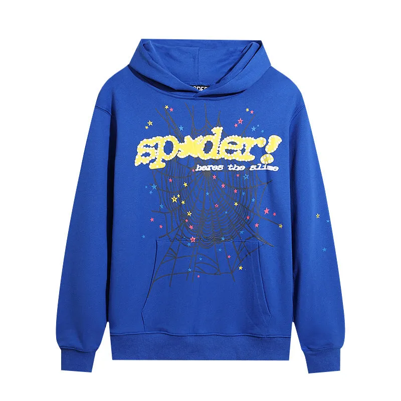 Vivid Blue Sp5der Hoodie - Trendy Web Print Hooded Sweatshirt