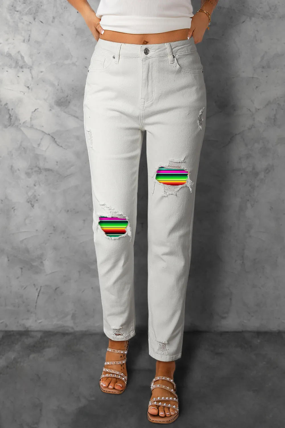 Women Pride Rainbow Print High Waist Skinny Ripped Jeans Destroyed Denim Pants