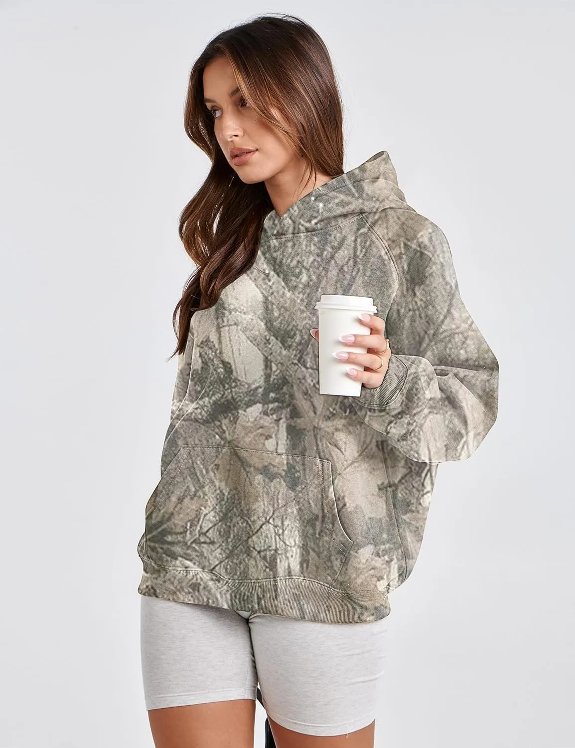 Womens Camo Hoodie Maple Leaf Print Oversized Fleece Hooded Sweatshirt Trendy Graphic Hoodie Pullover with Pocket