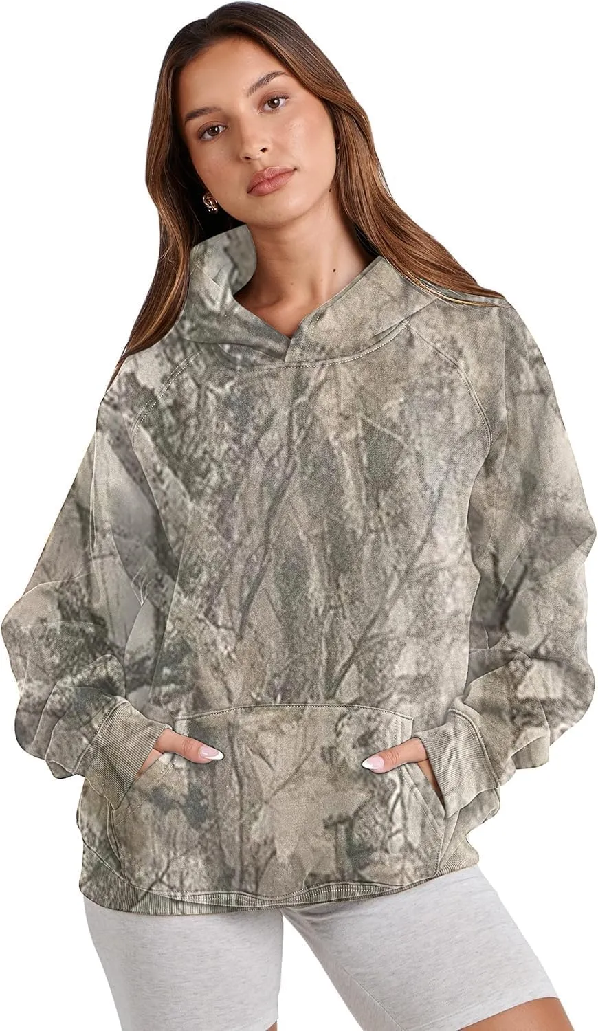 Womens Camo Hoodie Maple Leaf Print Oversized Fleece Hooded Sweatshirt Trendy Graphic Hoodie Pullover with Pocket