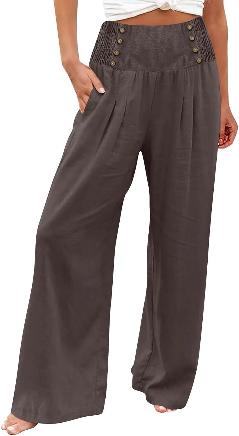 Womens Casual Pants Straight Leg Pants Elastic High Waist Long Pants Soft Comfy Work Trousers Lounge Pants Pockets