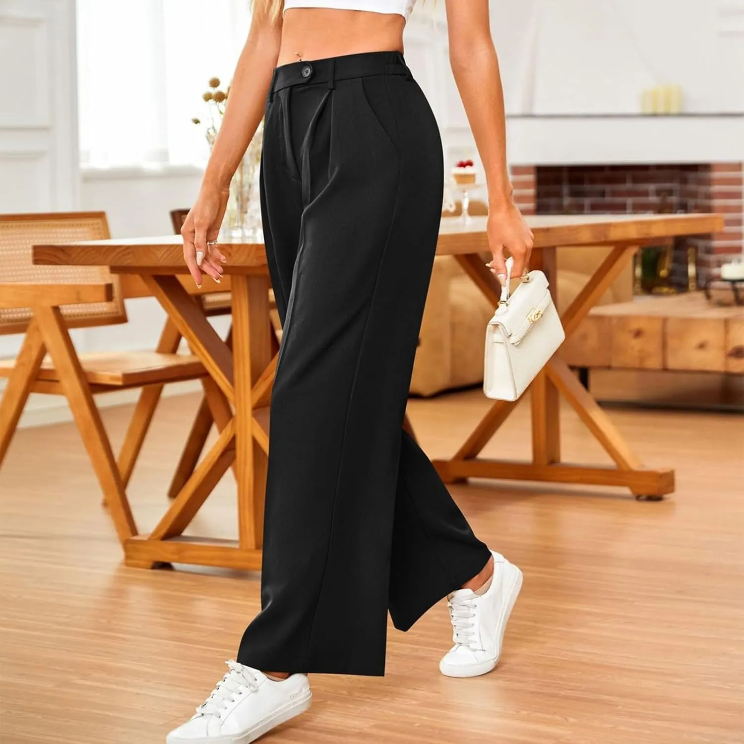 Women's Fashion Wide Leg Loose Pants Business Casual Straight Office Trousers for Women, X-Small-X-Large