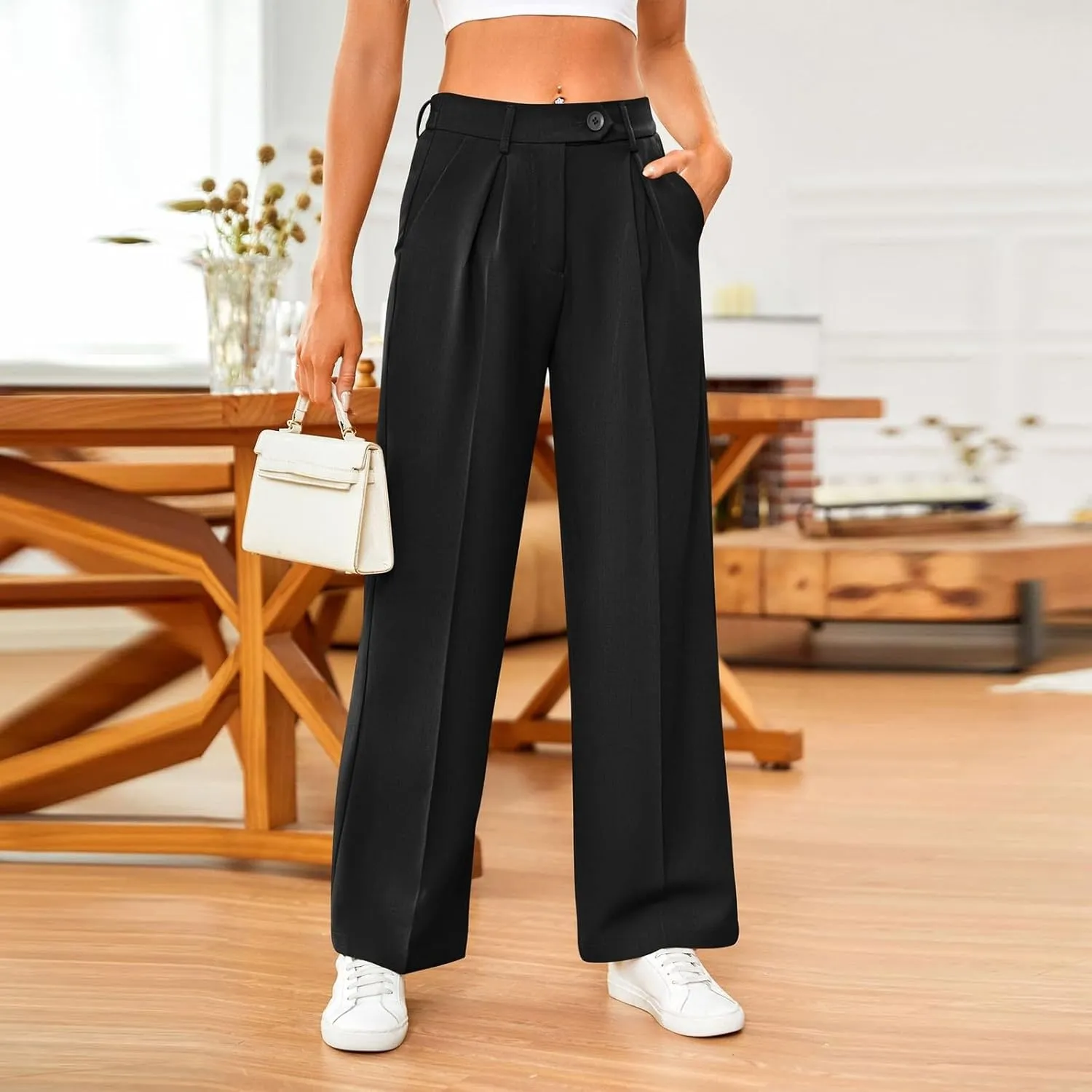 Women's Fashion Wide Leg Loose Pants Business Casual Straight Office Trousers for Women, X-Small-X-Large