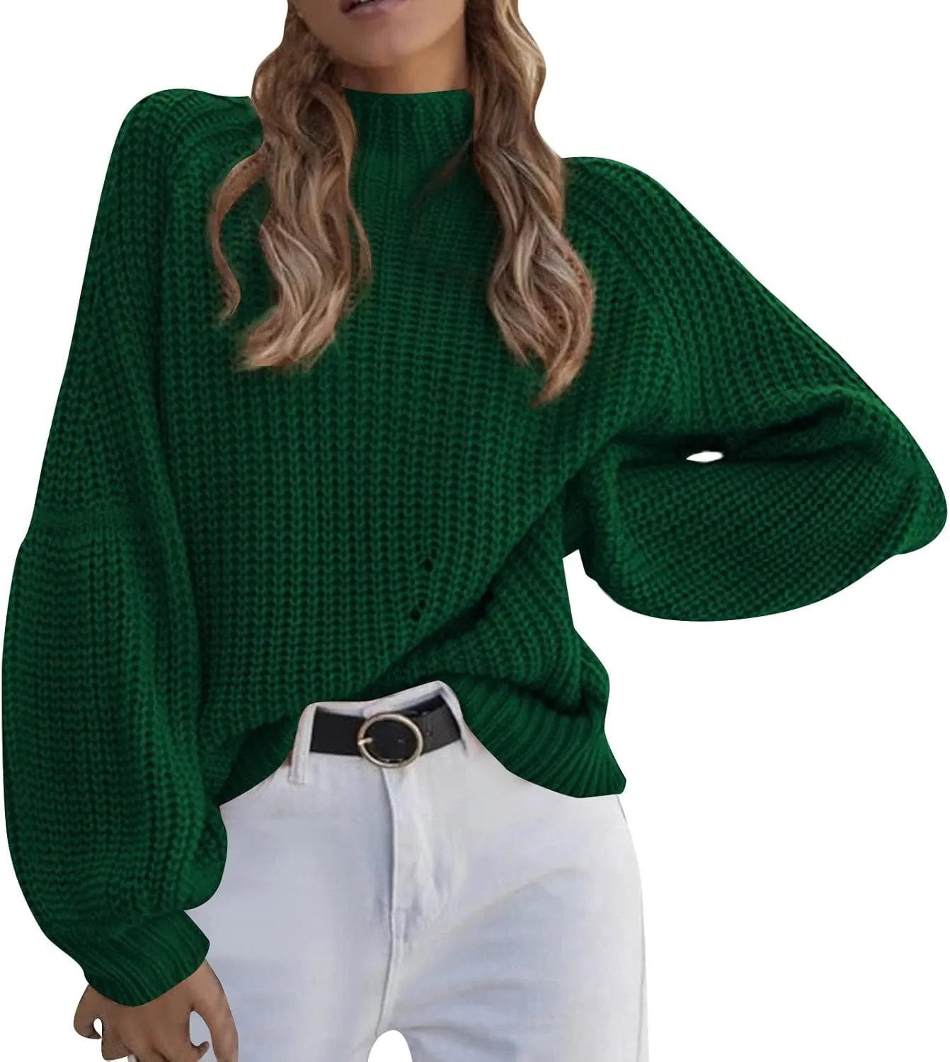 Womens Knit Sweater Oversized Turtleneck Sweater Baggy Soft Warm Loose Sweater Funnel Neck Puff Long Sleeves