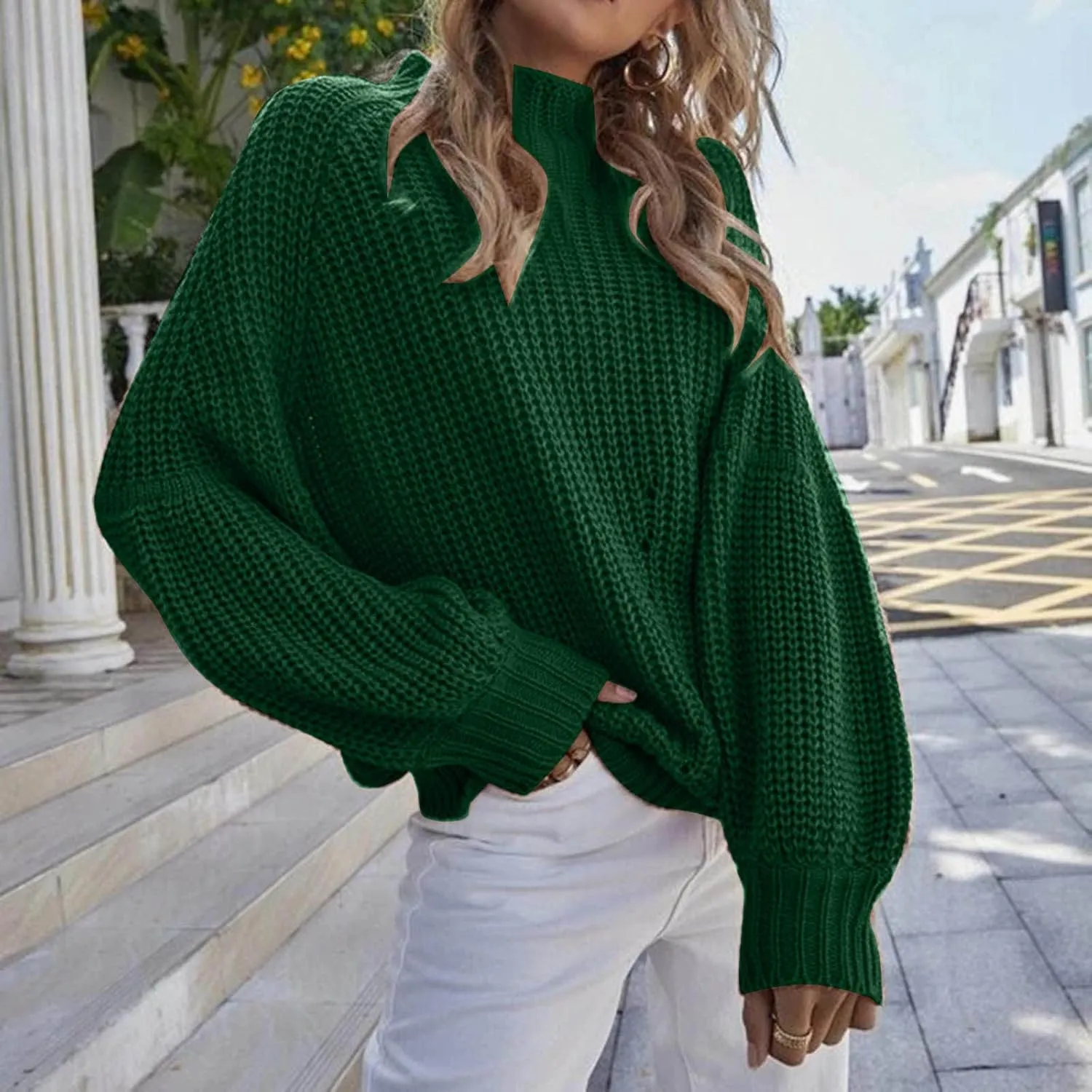 Womens Knit Sweater Oversized Turtleneck Sweater Baggy Soft Warm Loose Sweater Funnel Neck Puff Long Sleeves