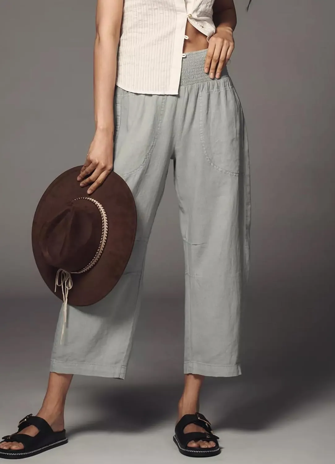 Women’s Linen Cotton Smocked Barrel Pants 2025 Summer Casual Wide Leg Trousers Striped Capri Pant with Pockets