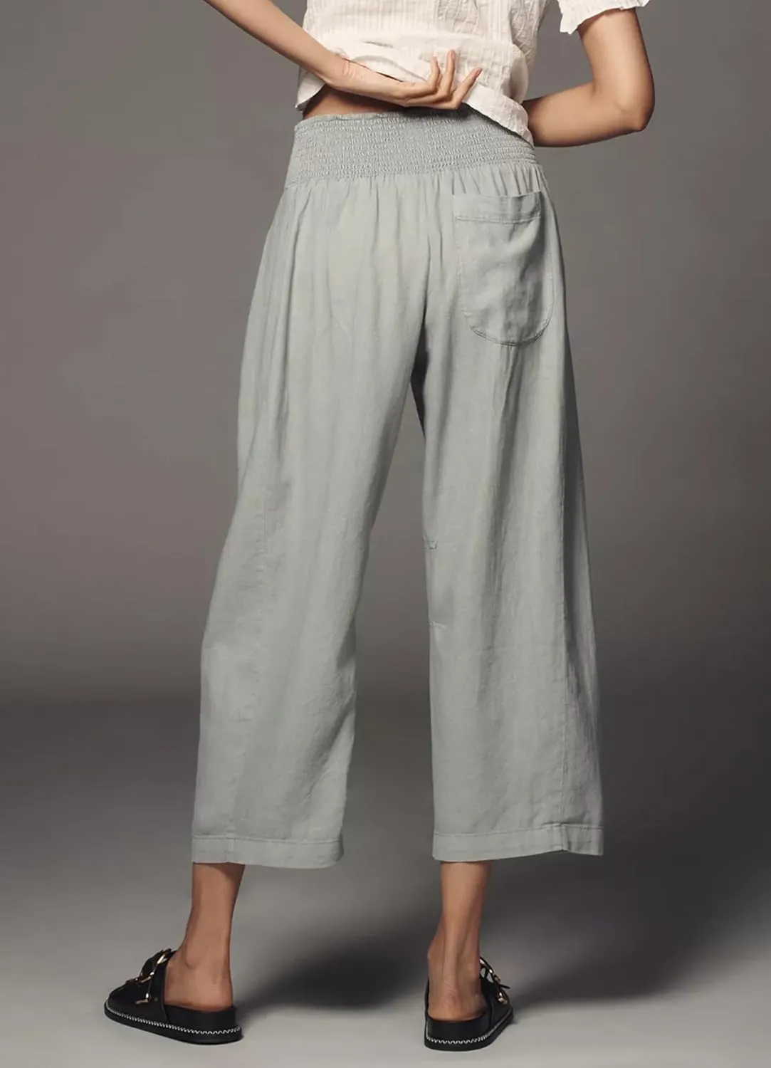 Women’s Linen Cotton Smocked Barrel Pants 2025 Summer Casual Wide Leg Trousers Striped Capri Pant with Pockets