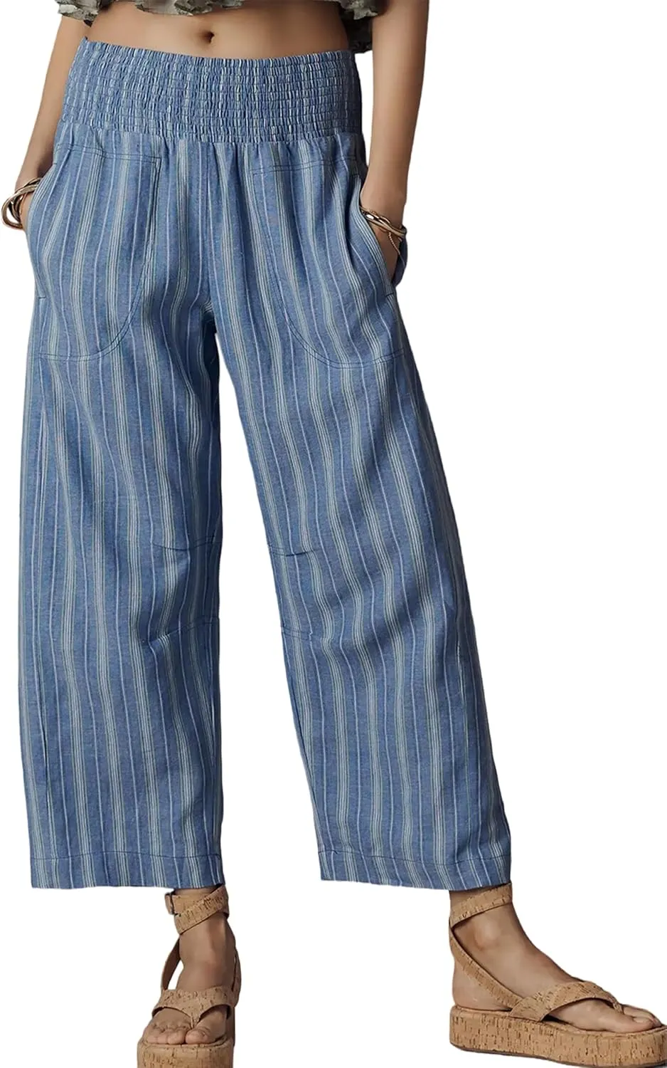 Women’s Linen Cotton Smocked Barrel Pants 2025 Summer Casual Wide Leg Trousers Striped Capri Pant with Pockets