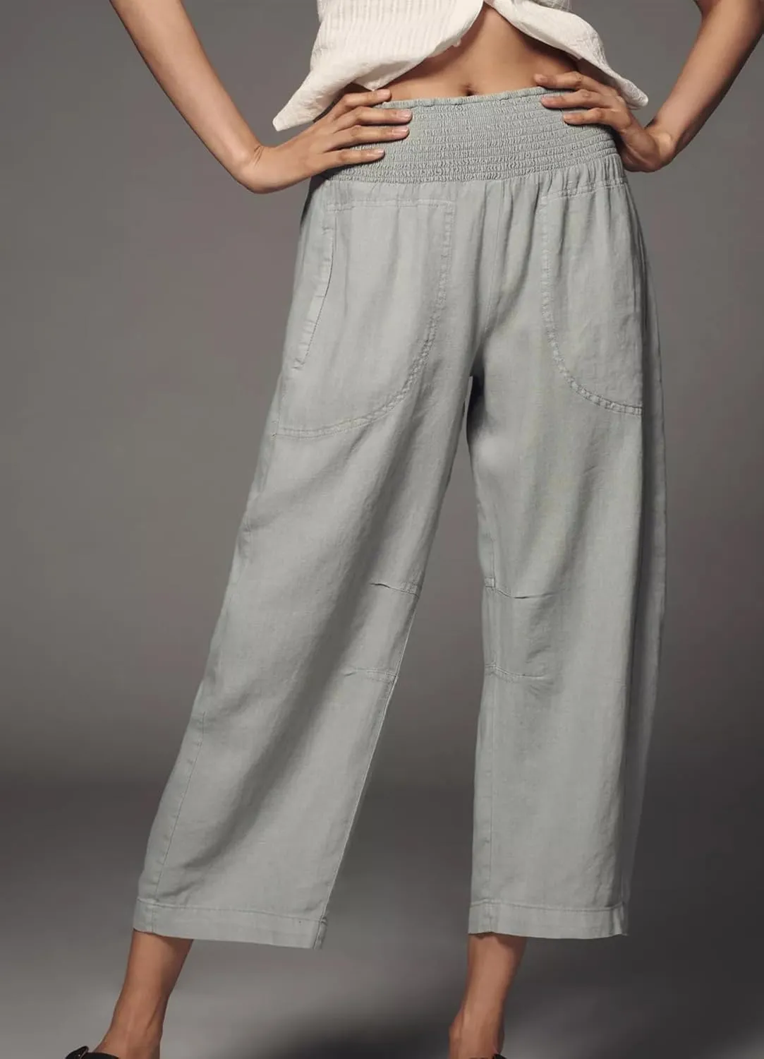 Women’s Linen Cotton Smocked Barrel Pants 2025 Summer Casual Wide Leg Trousers Striped Capri Pant with Pockets