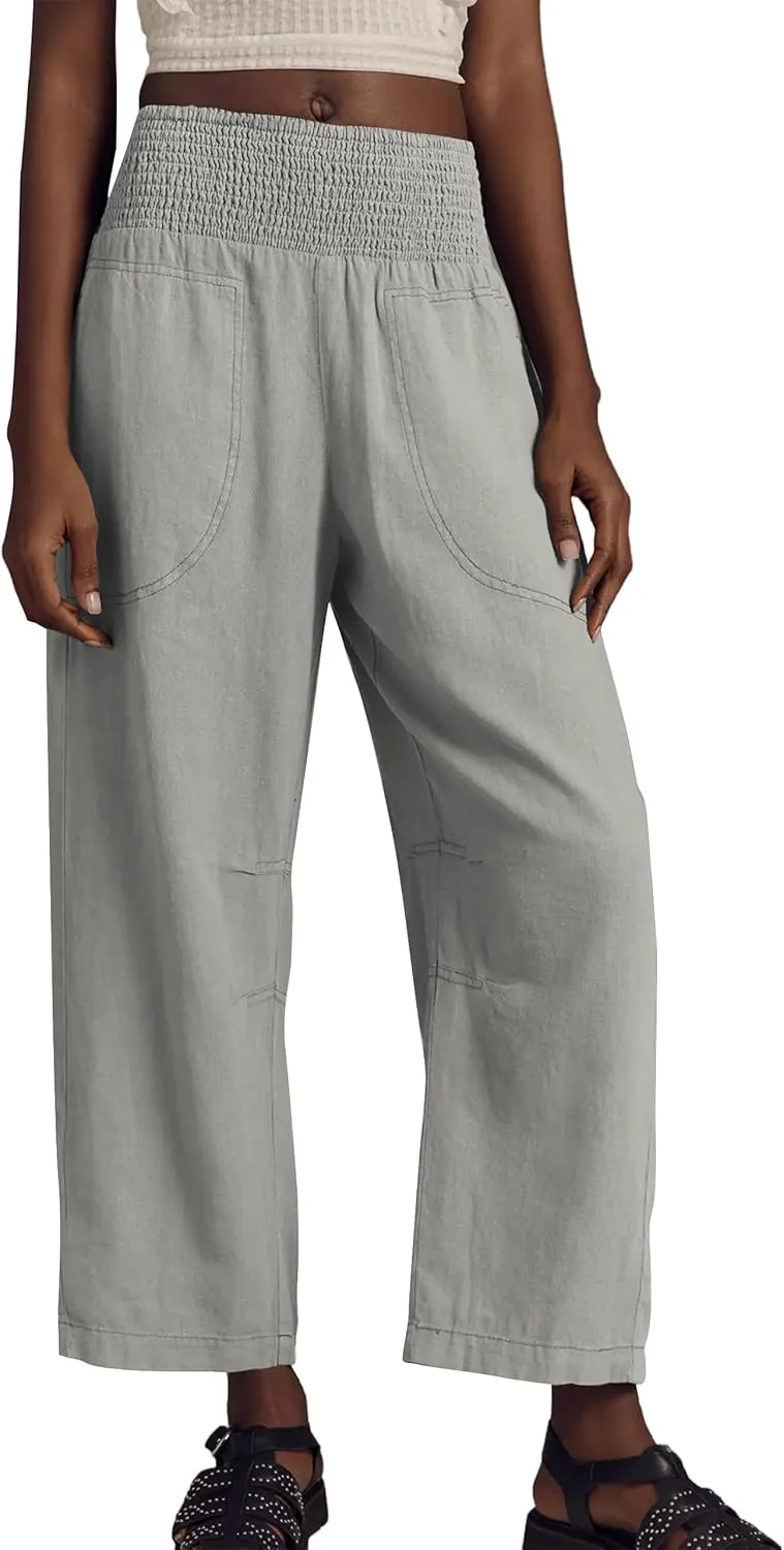 Women’s Linen Cotton Smocked Barrel Pants 2025 Summer Casual Wide Leg Trousers Striped Capri Pant with Pockets