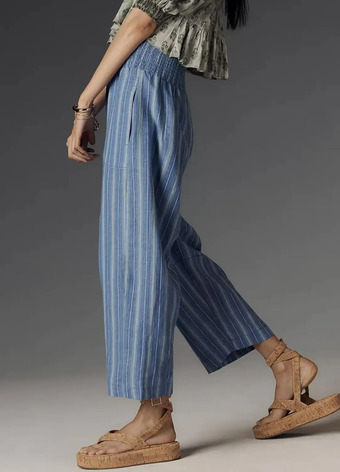Women’s Linen Cotton Smocked Barrel Pants 2025 Summer Casual Wide Leg Trousers Striped Capri Pant with Pockets