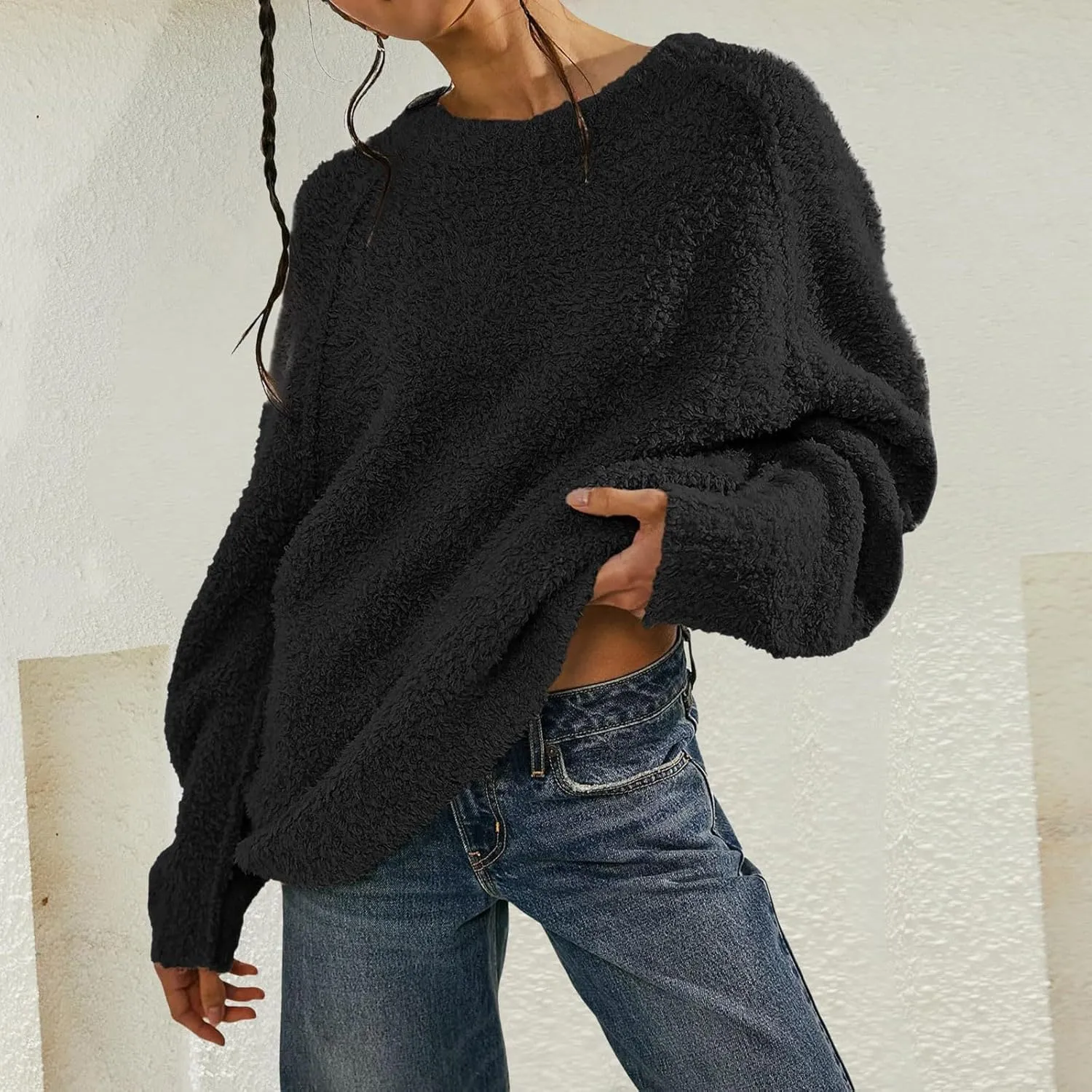 Womens Oversized Knit Sweater Creweneck Fleece Sweater Knit Chunky Loose Pullover Round Neck Plush Sweater