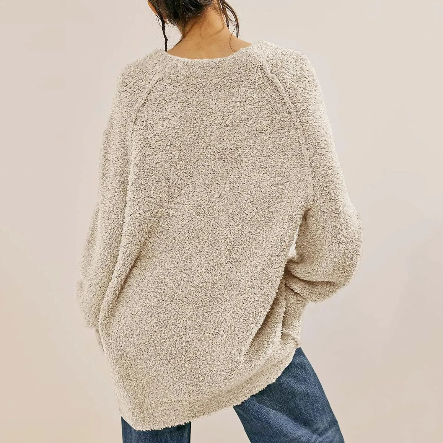 Womens Oversized Knit Sweater Creweneck Fleece Sweater Knit Chunky Loose Pullover Round Neck Plush Sweater