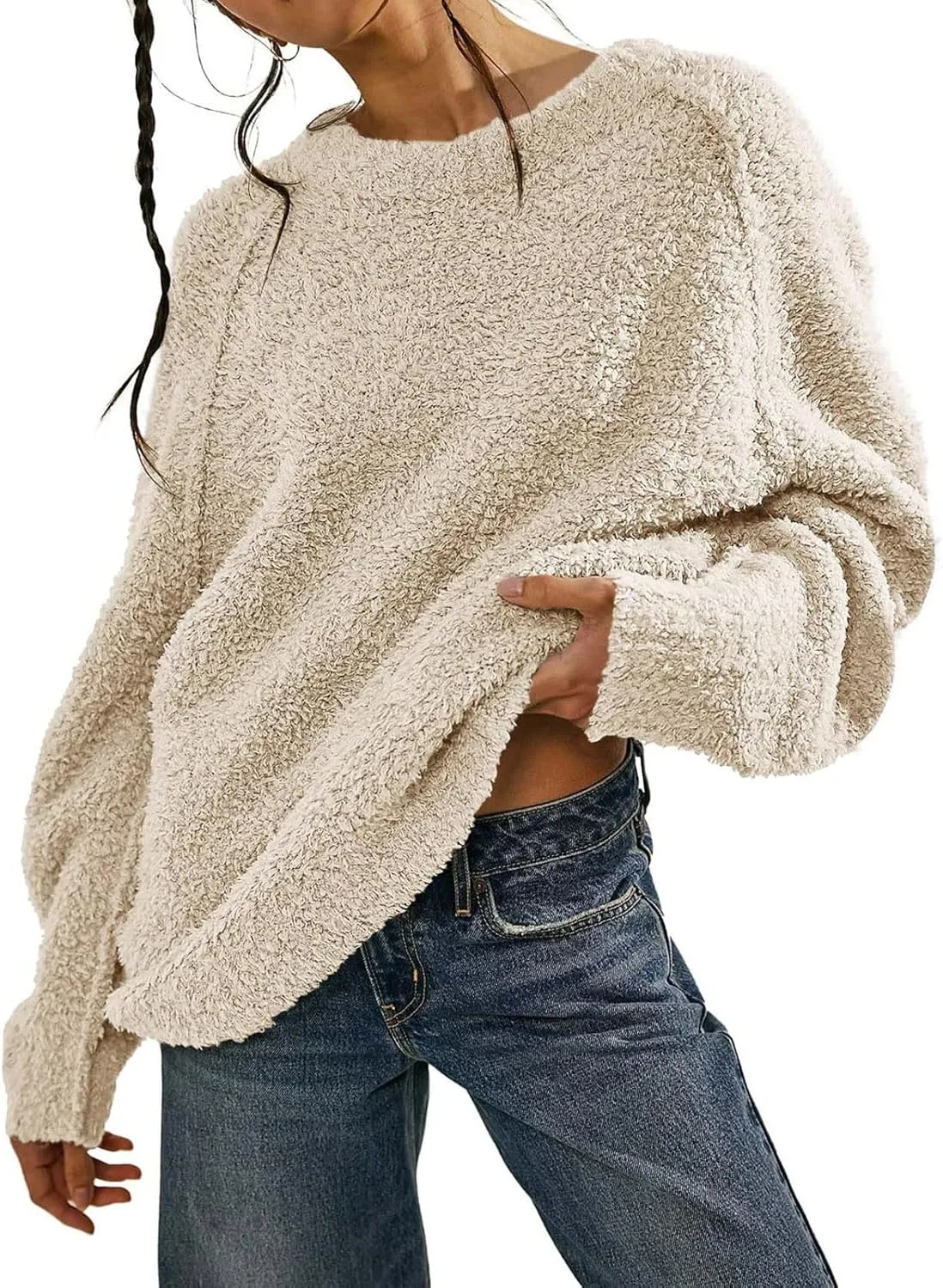 Womens Oversized Knit Sweater Creweneck Fleece Sweater Knit Chunky Loose Pullover Round Neck Plush Sweater
