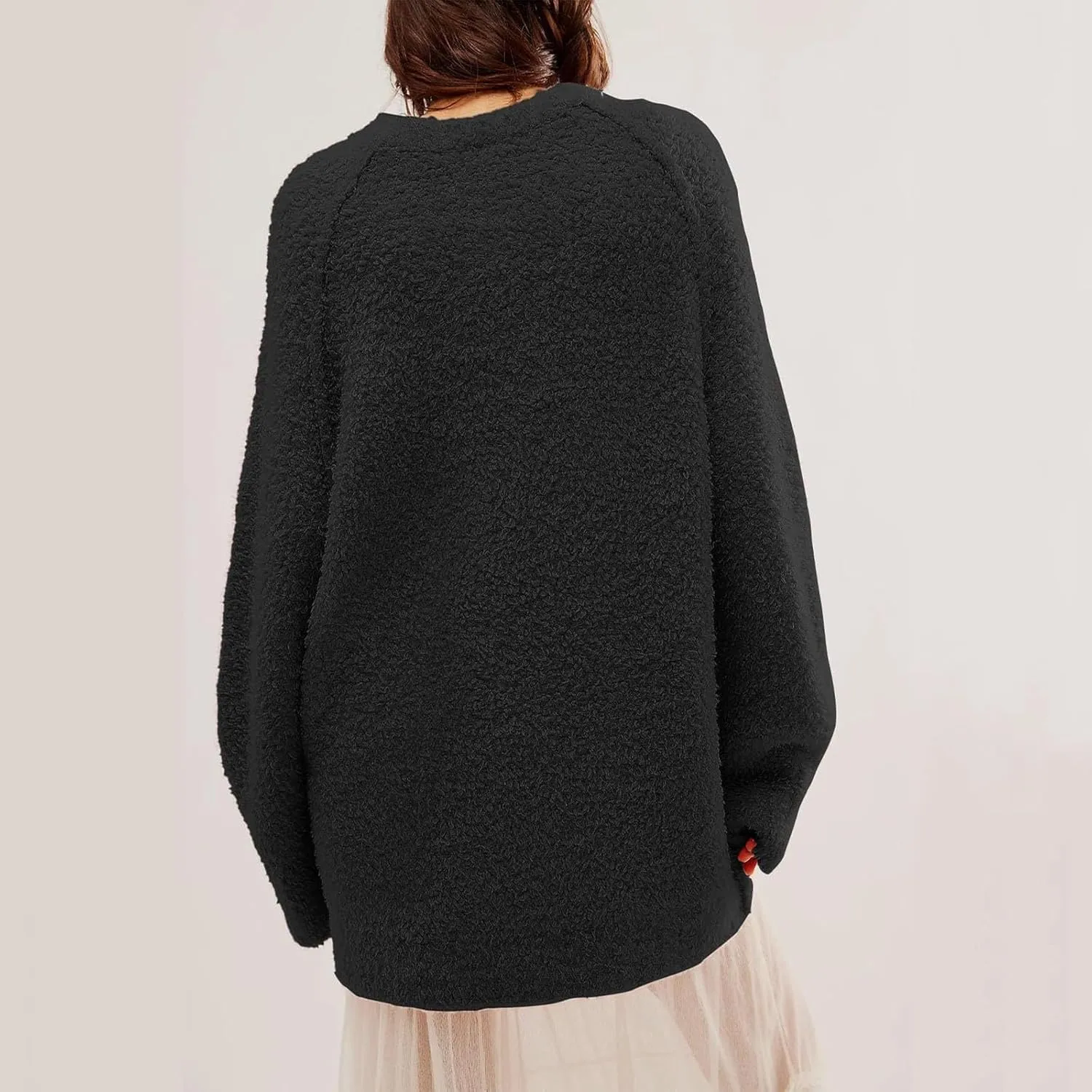Womens Oversized Knit Sweater Creweneck Fleece Sweater Knit Chunky Loose Pullover Round Neck Plush Sweater