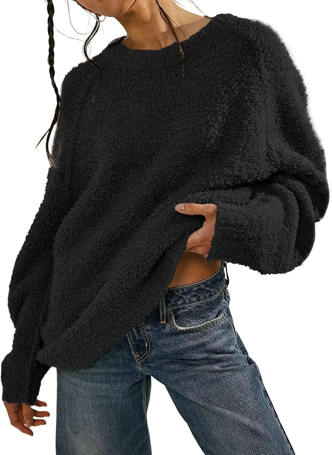 Womens Oversized Knit Sweater Creweneck Fleece Sweater Knit Chunky Loose Pullover Round Neck Plush Sweater