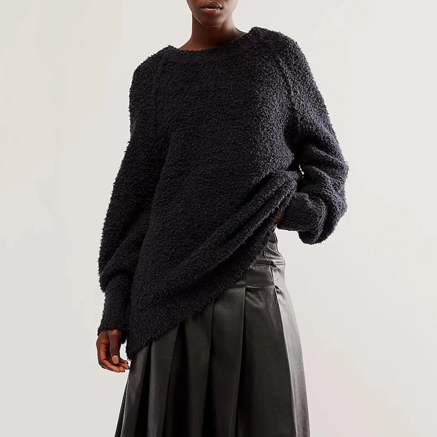 Womens Oversized Knit Sweater Creweneck Fleece Sweater Knit Chunky Loose Pullover Round Neck Plush Sweater