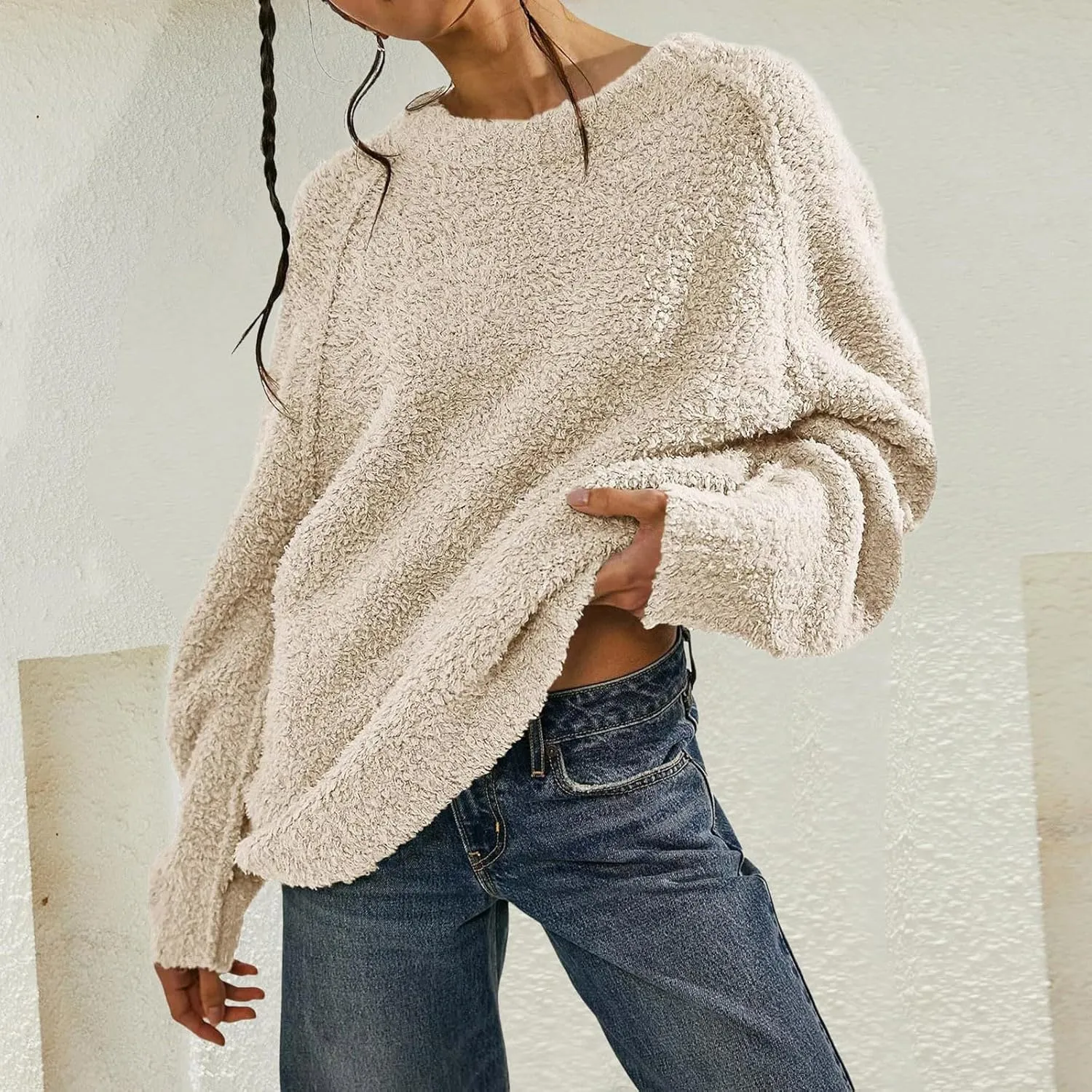 Womens Oversized Knit Sweater Creweneck Fleece Sweater Knit Chunky Loose Pullover Round Neck Plush Sweater