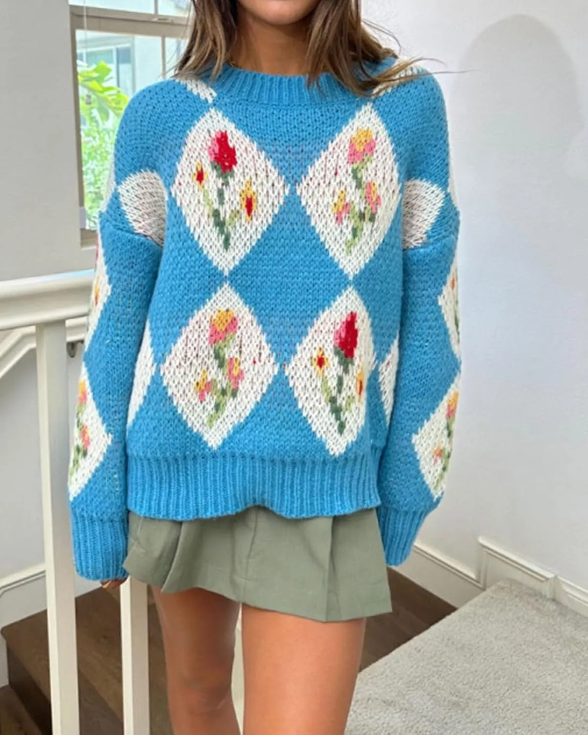 ZAFUL Floral Sweaters for Women Trendy Crew Neck Long Sleeves Knitted Pullover Boho Sweater Chunky Knit Tops