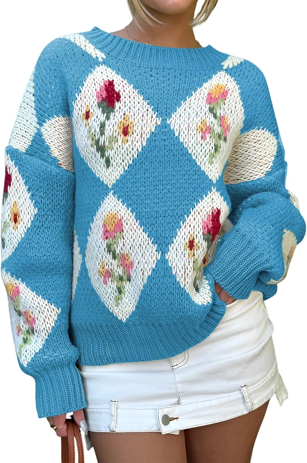 ZAFUL Floral Sweaters for Women Trendy Crew Neck Long Sleeves Knitted Pullover Boho Sweater Chunky Knit Tops
